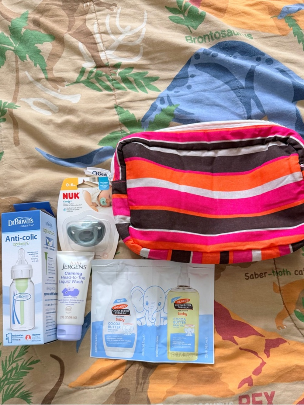 Striped Pink & Orange Cosmetic/Diaper Bag With Travel essentials